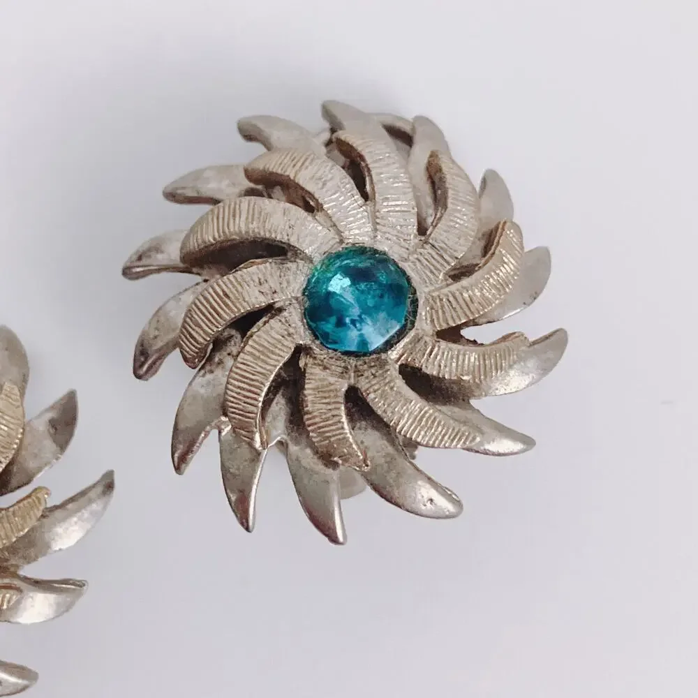 Signed Kramer Vintage Mid Century Atomic Aqua Blue Rhinestone Clip Earrings